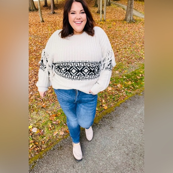 Ready For Anything Taupe & Black Tassel Aztec Sweater - Picture 2 of 16